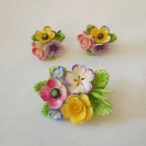 Vintage Dresden Floral Bone Daisy, Pansy, Rose, Anemone Brooch and Earrings